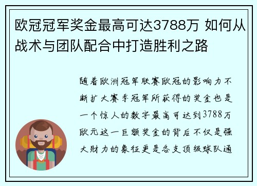 欧冠冠军奖金最高可达3788万 如何从战术与团队配合中打造胜利之路