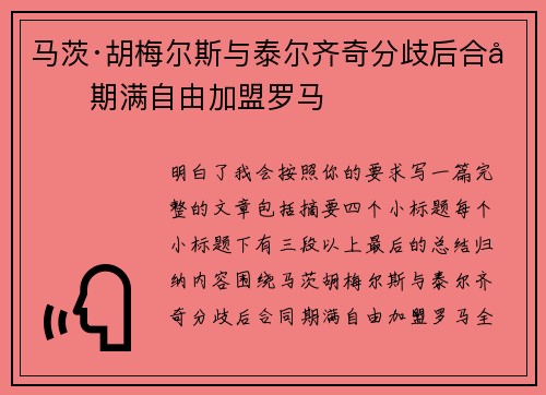 马茨·胡梅尔斯与泰尔齐奇分歧后合同期满自由加盟罗马 马茨·胡梅尔斯与泰尔齐奇分歧后合同期满自由加盟罗马